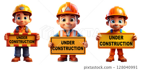Cute Cartoon Character in Construction Gear Holding an Under Construction Sign - Generative Ai 128040991