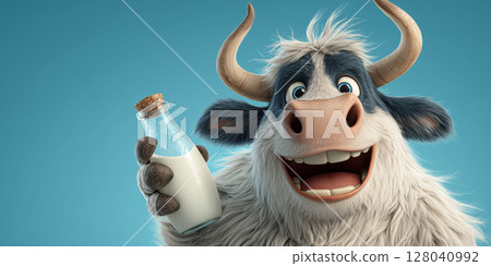 Cute Cartoon Character of a Cow Holding a Glass Bottle of Milk on Blue Background - Generative Ai Cute Cartoon Character of a Cow Holding a Glass Bottle of Milk on Blue Background - Generative Ai 128040992