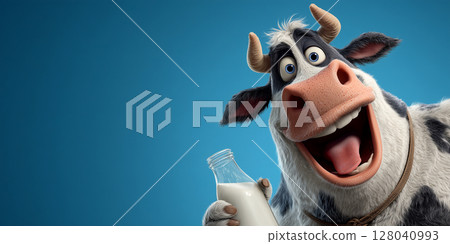 Cute Cartoon Character of a Cow Holding a Glass Bottle of Milk on Blue Background - Generative Ai 128040993