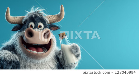 Cute Cartoon Character of a Cow Holding a Glass Bottle of Milk on Blue Background - Generative Ai 128040994