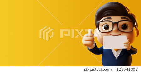 Closeup of Cartoon Character of a Happy Businessman Holding a Blank Sign - Generative Ai 128041008
