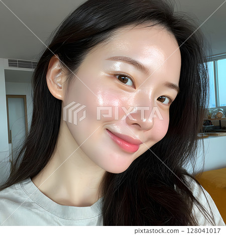 一位皮膚白皙的亞洲女性在家自拍的美麗特寫肖像 128041017