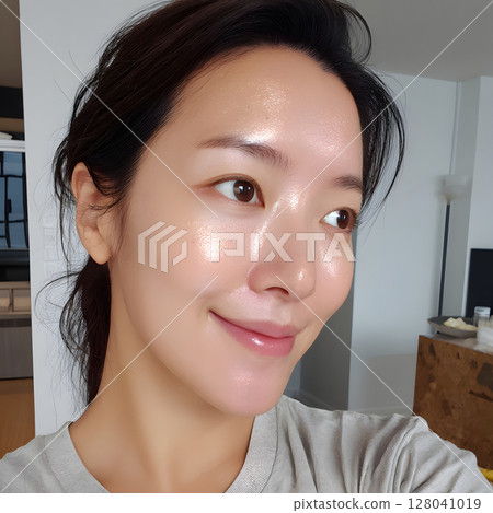 一位皮膚白皙的亞洲女性在家自拍的美麗特寫肖像 一位皮膚白皙的亞洲女性在家自拍的美麗特寫肖像 128041019