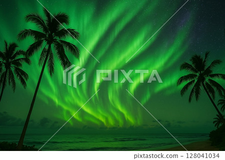 熱帶棕櫚樹和極光 128041034
