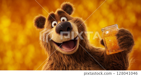 Cute Smiling Teddy Bear Holding a Honey Jar on Yellow-Orange Background - Generative Ai 128041046