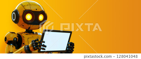 Cute yellow Robot with big Bright Eyes Holding a Digital Tablet with Blank Screen - Generative Ai 128041048