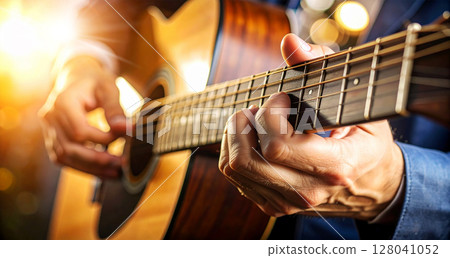 Expert Hands of a Guitarist as He Plays a Beautiful Wooden Acoustic Guitar - Generative Ai 128041052