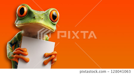Cute Cartoon Style Frog Holding a Blank Whiteboard On Yellow-Orange Background - Generative Ai 128041063