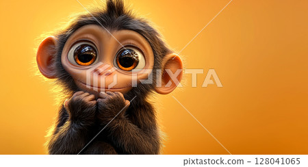 Cute Little Monkey with Big Eyes Smiles on Yellow Background with Copy Space - Generative Ai 128041065