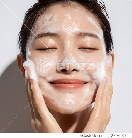 亞洲女性用泡沫洗臉。特寫顯示她皮膚濕潤健康 128041081