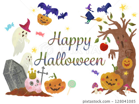 可愛的手繪萬聖節快樂標題 128041085