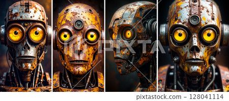 Extreme Close-up of a Rusty Robot Head with a Thoughtful Expression - Generative Ai 128041114