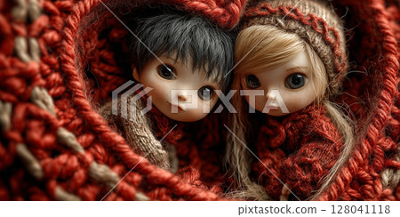 Extreme Close-up of Two Miniature Dolls Inside a Heart Made of Red Wool - Generative Ai 128041118