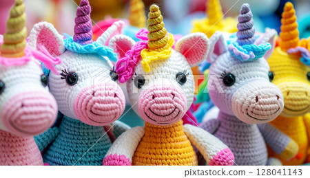 Extreme Close-Up of a Group of Adorable Knitted Unicorn Plush Toys - Generative Ai 128041143