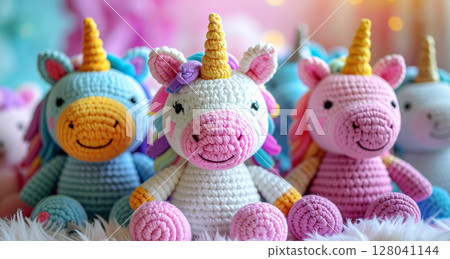 Extreme Close-Up of a Group of Adorable Knitted Unicorn Plush Toys - Generative Ai 128041144