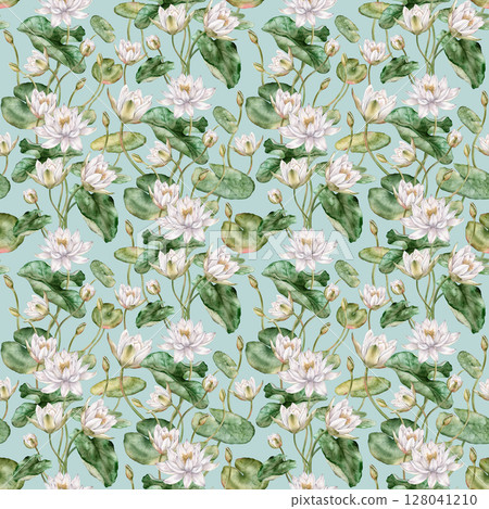 Seamless watercolor pattern featuring delicate white water lilies with green leaves. Hand-drawn lotus flowers on an isolated background, perfect for textiles and wrapping paper. 128041210