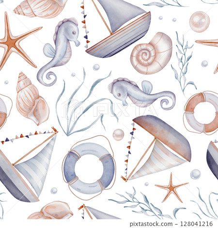 Blue beige sea seamless pattern with Seashell and Pearls and fishes on isolated background. Hand drawn vintage watercolor ornament with Seaweed and stars for print in nautical style. Blue beige sea seamless pattern with Seashell and Pearls and fishes on isolated background. Hand drawn vintage watercolor ornament with Seaweed and stars for print in nautical style. 128041216