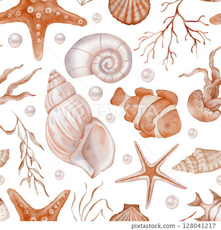 Orange beige sea seamless pattern with Seashell and Pearls and fishes on isolated background. Hand drawn vintage watercolor ornament with Seaweed and stars for print in nautical style. Orange beige sea seamless pattern with Seashell and Pearls and fishes on isolated background. Hand drawn vintage watercolor ornament with Seaweed and stars for print in nautical style. 128041217