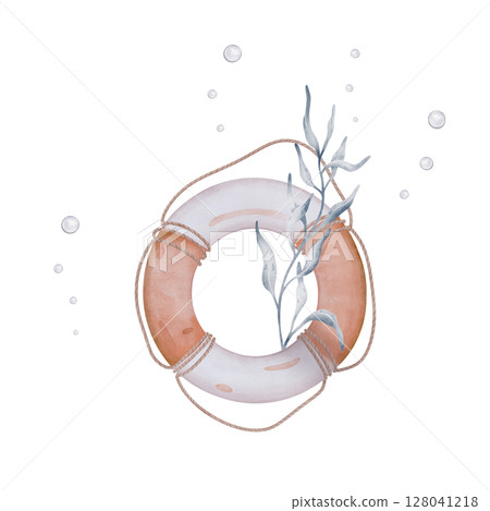 Watercolor illustration sea lifebuoy light orange and white safeties ring with rope. Hand drawn composition with marine rescue equipment and Seaweed isolated on white background for babes production. Watercolor illustration sea lifebuoy light orange and white safeties ring with rope. Hand drawn composition with marine rescue equipment and Seaweed isolated on white background for babes production. 128041218