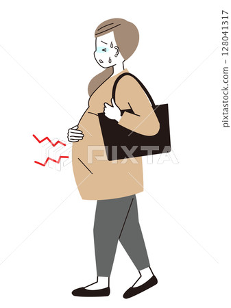 A pregnant woman with a stomach ache and turning pale while commuting 128041317