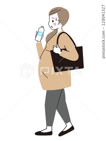 A pregnant woman walking while drinking water and looking unwell A pregnant woman walking while drinking water and looking unwell 128041327