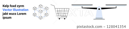 Blockchain network of connected cubes, shopping cart, and balance scale. Ideal for ecommerce, online marketplaces, logistics, supply chain, finance, technology, and digital trade themes. Banner 128041354