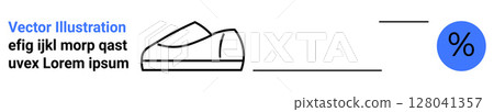 Black outlined shoe and blue percentage symbol with placeholder text in gray. Ideal for marketing, design, economics, retail, sales, minimalism, web development. Landing page Black outlined shoe and blue percentage symbol with placeholder text in gray. Ideal for marketing, design, economics, retail, sales, minimalism, web development. Landing page 128041357