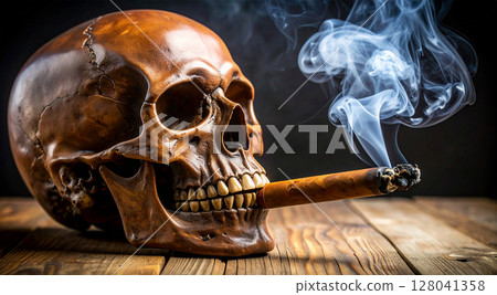 Extreme Closeup of a Skull of a Human Smoker with Cigar and Smoke on Table - Generative Ai 128041358