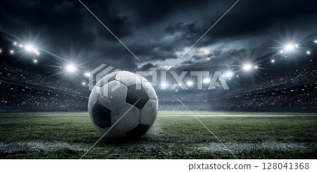 Extreme-close-up of a Leather Soccer Ball in a Soccer Field Stadium - Generative Ai Extreme-close-up of a Leather Soccer Ball in a Soccer Field Stadium - Generative Ai 128041368