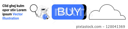 Robot with magnifying glass, blue buy button, cloud symbol. Ideal for e-commerce, technology, AI, robotics, cloud computing, digital marketing, online shopping. Engaging header, landing page Robot with magnifying glass, blue buy button, cloud symbol. Ideal for e-commerce, technology, AI, robotics, cloud computing, digital marketing, online shopping. Engaging header, landing page 128041369