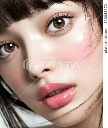 Close-up portrait of a woman with glossy skin makeup 128041370