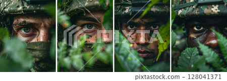 Eyes of a Soldier Hidden Among the Green Leaves of the Forest - Generative Ai 128041371