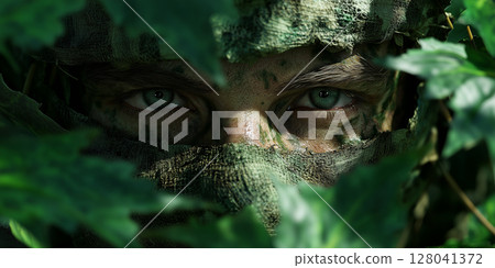 Eyes of a Soldier Hidden Among the Green Leaves of the Forest - Generative Ai 128041372