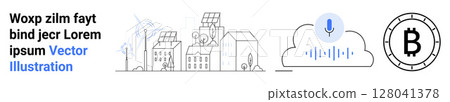 Cityscape with green energy elements, cloud storage with voice recognition, and cryptocurrency symbol. Ideal for technology, sustainability, finance, urban development, modern industry, digital 128041378