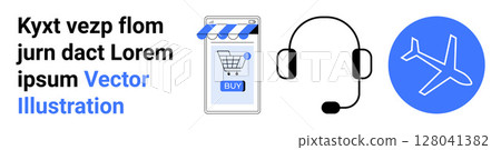 Shopping cart app, headset, airplane icon, generic text. Ideal for e-commerce, customer support, travel booking, tech support, online services, global business, digital marketing. Landing page 128041382
