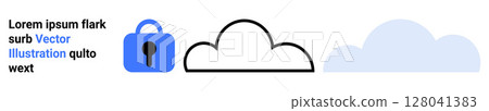 Blue lock icon with keyhole next to three stylized clouds in varying outlines and shades. Ideal for cloud computing, data security, technology, IT services, cybersecurity, digital storage, web 128041383