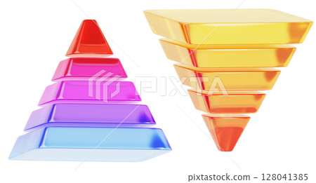 3d colorful glass pyramid diagram, maslow and inverted. Gradient crystal triangle of five levels, sales funnel. Marketing, financial and business infographic, isolated render icon set. 3D illustration 128041385