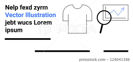 T-shirt, magnifying glass highlighting upward graph, text blocks. Ideal for marketing, e-commerce, data analysis, SEO, presentations, educational materials, infographics. Landing page 128041386