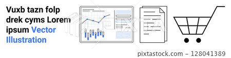 Business chart on a computer screen, document stack, shopping cart, lorem ipsum text. Ideal for business reports, e-commerce, data analysis, finance, market research, presentations. Landing page 128041389