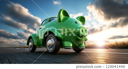 Green Smiling Piggy Bank on Wheels Driving Along the Asphalt Road - Generative Ai 128041440
