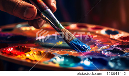Hand of a Male Painter Using Color Palette and a Paintbrush - Generative Ai 128041442