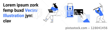 Woman working on laptop, POS terminal with bank card, and individual with pickaxe in minimalist style. Ideal for technology, productivity, online payment, banking, digital transactions, hard work 128041456