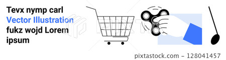 A vibrant graphic featuring shopping elements, a hand holding a spinner, and abstract shapes. Ideal for concepts like lifestyle, shopping, modern trends, digital art, and technology. Banner A vibrant graphic featuring shopping elements, a hand holding a spinner, and abstract shapes. Ideal for concepts like lifestyle, shopping, modern trends, digital art, and technology. Banner 128041457