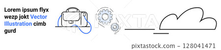 Laptop bag connected to a cloud by a gear mechanism with text accenting vector graphics. Ideal for tech blogs, websites, infographics, presentations, app development, tutorials, marketing Landing 128041471