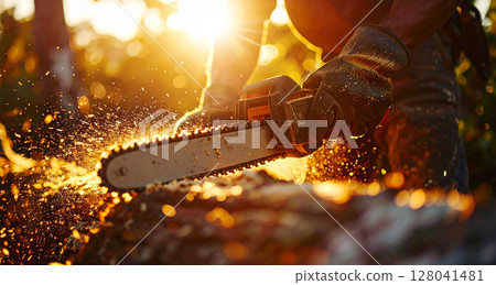 Gloved Hands of a Lumberjack while Cutting a Tree Trunk with a Chainsaw - Generative Ai 128041481