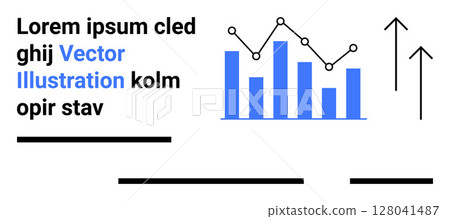 Blue bar graph with line chart, upward arrows indicating growth, black text, and underlining lines. Ideal for business analytics, financial reports, infographics, marketing materials, presentations Blue bar graph with line chart, upward arrows indicating growth, black text, and underlining lines. Ideal for business analytics, financial reports, infographics, marketing materials, presentations 128041487