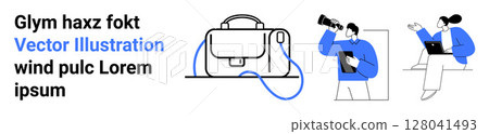 Bag with strap, woman with laptop, man looking through telescope. Ideal for business, technology, modern lifestyle, productivity, exploration, creative planning. Landing page 128041493
