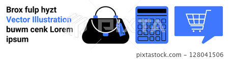 Handbag with tag, calculator, and shopping cart in speech bubble. Ideal for e-commerce, online shopping, fashion boutiques, retail, discount sales, financial calculations, digital marketing. Landing Handbag with tag, calculator, and shopping cart in speech bubble. Ideal for e-commerce, online shopping, fashion boutiques, retail, discount sales, financial calculations, digital marketing. Landing 128041506