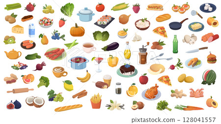 Realistic products, vegetables and fruits on a white background - Vector Realistic products, vegetables and fruits on a white background - Vector 128041557