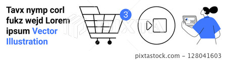 Shopping cart with badge, video play button, person holding a tablet. Ideal for online shopping, video streaming, user interaction, technology, e-commerce, digital media, and UIUX design. Landing 128041603